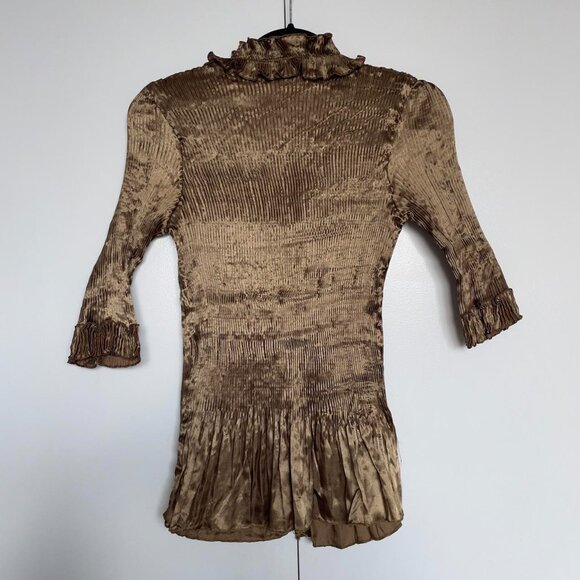 Vintage | Gold Metallic Pleated Plisse Ruffle Button Up Blouse | Size L - Picture 4 of 6